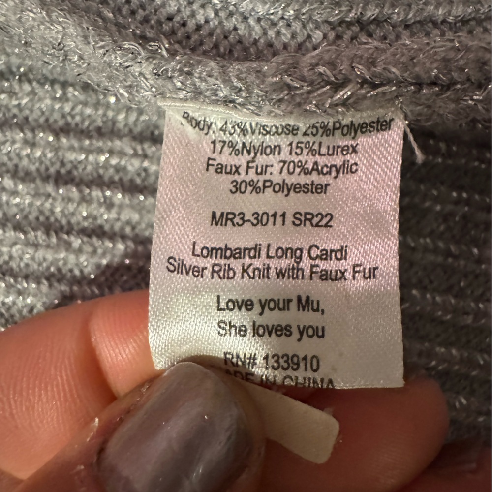 Show Me Your Mumu Lombardi Long Cardi w Silver Rib Knit and Faux Fur Collar - Picture 9 of 9